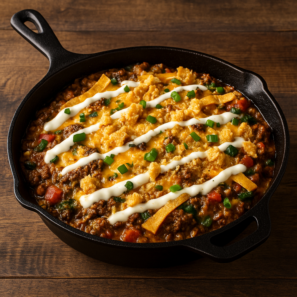 Cast-iron skillet bubbling with cheesy Tex-Mex beef, jalapeños, and golden pork-rind crust