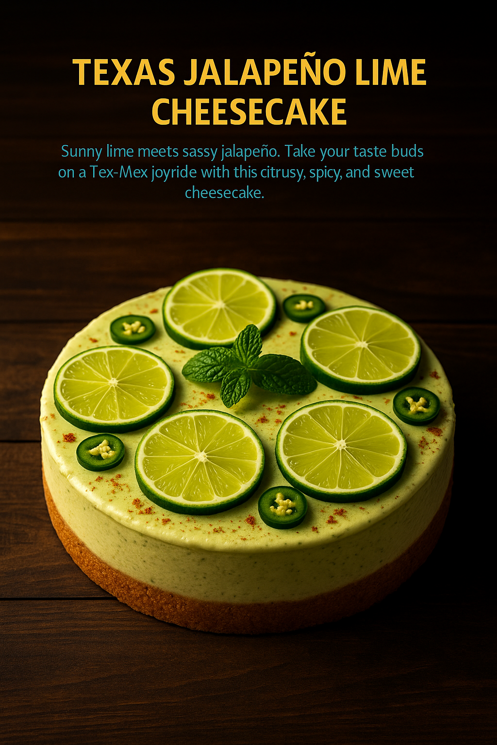 Jalapeño-lime cheesecake with lime slices and candied jalapeños on top