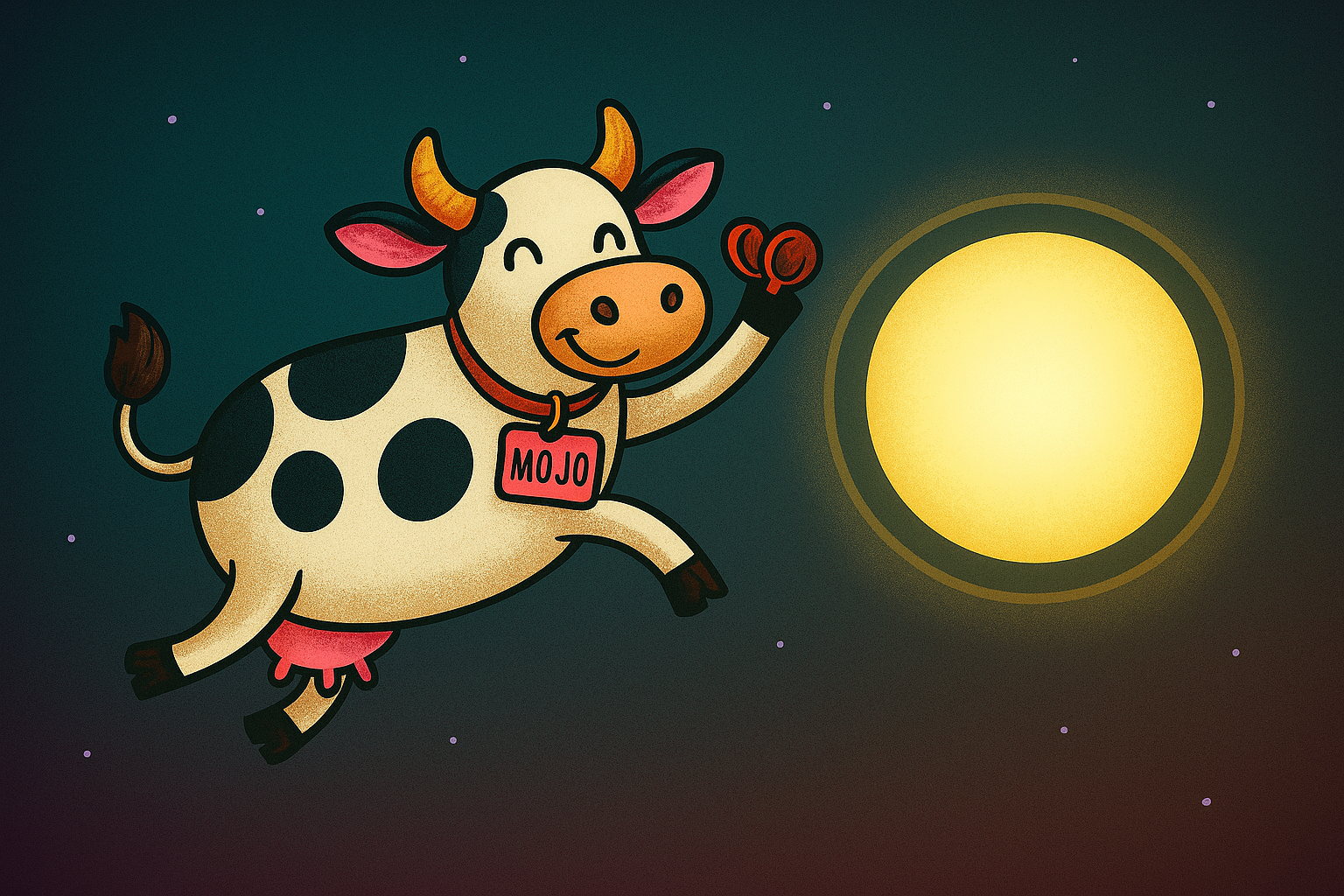 Mojo the cow jumping joyfully over a glowing moon while playing castanets — a playful symbol of creative energy and wellbeing.
