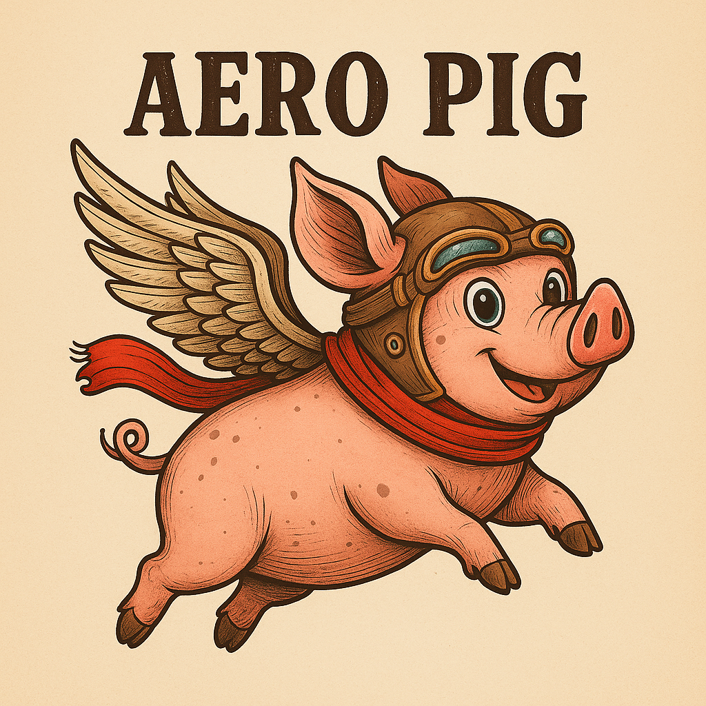 Aero Pig, a happy flying pig with aviator goggles, scarf and wings.